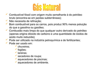  Combustível fóssil com origem muito semelhante à do petróleo
bruto (encontra-se em jazidas subterrâneas);
 Não necessita de refinação;
 Bom combustível para os carros, pois produz 90% menos poluição
do que a gasolina ou gasóleo;
 Combustão mais limpa do que qualquer outro derivado do petróleo
(apenas origina dióxido de carbono e uma quantidade de óxidos de
azoto muito reduzida);
 Pode ser utilizado na indústria petroquímica e de fertilizantes;
 Pode ser usado em:
 chuveiros;
 fogões;
 lareiras;
 secadores de roupa;
 aquecedores de piscinas;
 aquecedores de ambiente.
 