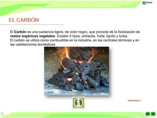 Inicio




El Carbón es una sustancia ligera, de color negro, que procede de la fosilización de
restos orgánicos vegetales. Existen 4 tipos: antracita, hulla, lignito y turba.
El carbón se utiliza como combustible en la industria, en las centrales térmicas y en
las calefacciones domésticas




                                                                             CONTINUA>>
 