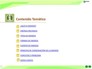 Inicio




Contenido Temático
  ¿QUÉ ES ENERGÍA?

  ENERGIA MECANICA

  TIPOS DE ENERGIA

  FORMAS DE ENERGIA

  FUENTES DE ENERGIA

  PRINCIPIO DE CONSERVACIÓN DE LA ENERGÍA

  EJERCICIOS Y PROBLEMA

  DATOS ICARITO
 