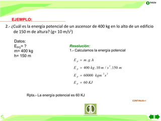 Inicio




   EJEMPLO:
2.- ¿Cuál es la energía potencial de un ascensor de 400 kg en lo alto de un edificio
     de 150 m de altura? (g= 10 m/s2)

    Datos:
    EPG= ?                            Resolución:
    m= 400 kg                         1.- Calculamos la energía potencial
    h= 150 m
                                         E P  m . g .h

                                         E P  400 kg . 10 m / s . 150 m
                                                                    2



                                         E P  60000 kgm s
                                                            2   2



                                         E P  60 KJ


            Rpta.- La energía potencial es 60 KJ
                                                                            CONTINUA>>
 