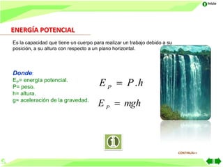Inicio




ENERGÍA POTENCIAL
Es la capacidad que tiene un cuerpo para realizar un trabajo debido a su
posición, a su altura con respecto a un plano horizontal.




Donde:
EP= energía potencial.
P= peso.                               E P  P .h
h= altura.
g= aceleración de la gravedad.
                                      E P  mgh



                                                                           CONTINUA>>
 