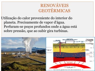 RENOVÁVEIS 
GEOTÉRMICAS 
Utilização do calor proveniente do interior do 
planeta. Precisamente de vapor d'água. 
Perfuram-se poços profundos onde a água está 
sobre pressão, que ao subir gira turbinas. 
 