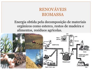 RENOVÁVEIS 
BIOMASSA 
Energia obtida pela decomposição de materiais 
orgânicos como esterco, restos de madeira e 
alimentos, resíduos agrícolas. 
 