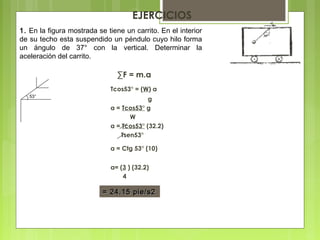 EJERCICIOS
∑F = m.a
Tcos53° = (W) a
g
a = Tcos53° g
W
a = Tcos53° (32.2)
Tsen53°
a = Ctg 53° (10)
a= (3 ) (32.2)
4
53°
= 24.15 pie/s2= 24.15 pie/s2
1. En la figura mostrada se tiene un carrito. En el interior
de su techo esta suspendido un péndulo cuyo hilo forma
un ángulo de 37° con la vertical. Determinar la
aceleración del carrito.
 