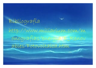 ELEMENTOS GENERADOR SOLAR :  conjunto de paneles fotovoltaicos que captan energía luminosa y la transforman en corriente continua a baja tensión . ACUMULADOR :  Almacena la energía producida por el generador. Una vez almacenada existen dos opciones: ·Sacar una línea de éste para la instalación (utilizar lámpara y elementos de consumo eléctrico). ·Transformar a través de un inversor la corriente continua en corriente alterna . 