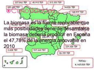 CuriosidadesLa biomasa es la fuente renovable que más posibilidades tiene de desarrdalsela biomasa debería producir en España el 47,78% de la energía renovable en 2010