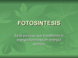 FOTOSINTESIS
Es el proceso que transforma la
 energía luminosa en energía
            química
 