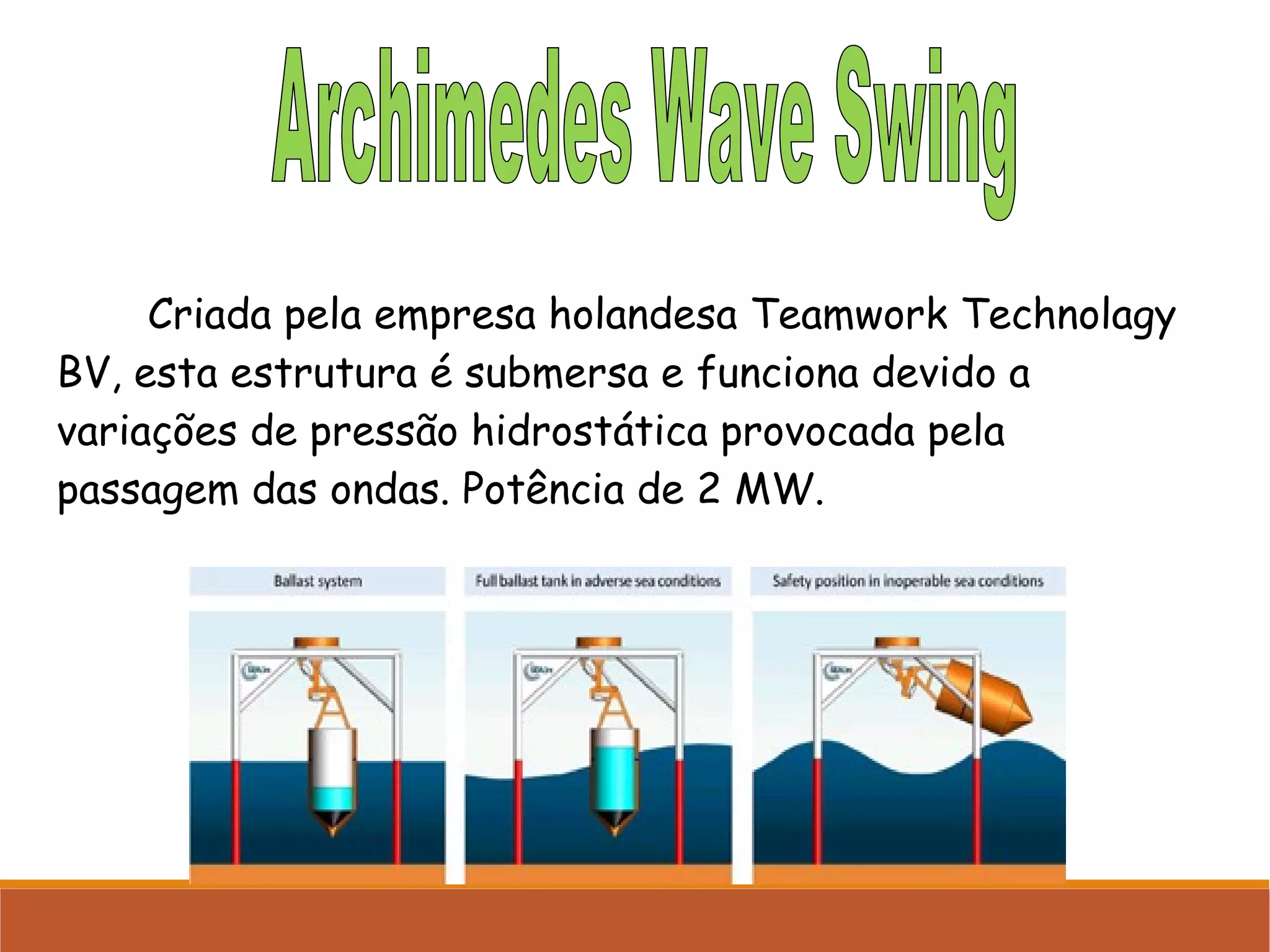 Criada pela empresa holandesa Teamwork Technolagy
BV, esta estrutura é submersa e funciona devido a
variações de pressão hidrostática provocada pela
passagem das ondas. Potência de 2 MW.

 
