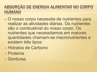 ABSORÇÃO DE ENERGIA ALIMENTAR NO CORPO
HUMANO
 O nosso corpo necessita de nutrientes para
realizar as atividades diárias. Os nutrientes
são o combustível do nosso corpo. Os
nutrientes que necessitamos em maiores
quantidades chamam-se macronutrientes e
existem três tipos:
 Hidratos de Carbono
 Proteína
 Gorduras
 