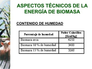 ASPECTOS TÉCNICOS DE LA
ENERGÍA DE BIOMASA
CONTENIDO DE HUMEDAD
 