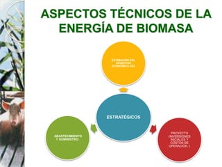 ASPECTOS TÉCNICOS DE LA
ENERGÍA DE BIOMASA
ESTRATÉGICOS
ESTIMACIÓN DEL
BENEFICIO
ECONÓMICO DEL
PROYECTO
(INVERSIONES
INICIALES Y
COSTOS DE
OPERACIÓN. )
ABASTECIMIENTO
Y SUMINISTRO.
 