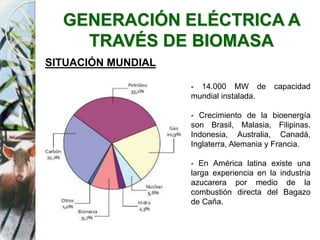 GENERACIÓN ELÉCTRICA A
TRAVÉS DE BIOMASA
SITUACIÓN MUNDIAL
- 14.000 MW de capacidad
mundial instalada.
- Crecimiento de la bioenergía
son Brasil, Malasia, Filipinas,
Indonesia, Australia, Canadá,
Inglaterra, Alemania y Francia.
- En América latina existe una
larga experiencia en la industria
azucarera por medio de la
combustión directa del Bagazo
de Caña.
 