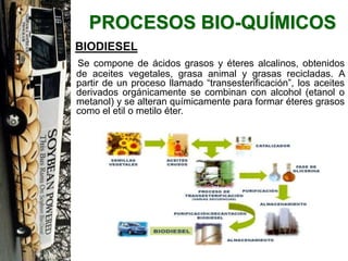 PROCESOS BIO-QUÍMICOS
BIODIESEL
Se compone de ácidos grasos y éteres alcalinos, obtenidos
de aceites vegetales, grasa animal y grasas recicladas. A
partir de un proceso llamado “transesterificación”, los aceites
derivados orgánicamente se combinan con alcohol (etanol o
metanol) y se alteran químicamente para formar éteres grasos
como el etil o metilo éter.
 