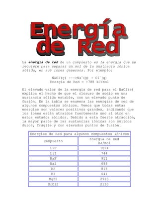 La energía de red de un compuesto es la energía que se
requiere para separar un mol de la sustnacia iónica
sólida, en sus iones gaseosos. Por ejemplo:

              NaCl(g) --->Na+(g) + Cl-(g)
             Energía de Red = +788 kJ/mol

El elevado valor de la energía de red para el NaCl(s)
explica el hecho de que el cloruro de sodio es una
sustancia sólida estable, con un elevado punto de
fusión. En la tabla se enumera las energías de red de
algunos compuestos iónicos. Vemos que todas estas
energías son valores positivos grandes, indicando que
los iones están atraidos fuertemente uno al otro en
estos estados sólidos. Debido a esta fuerte atracción,
la mayor parte de las sustancias iónicas son sólidos
duros, frágile y con elevados puntos de fusión.

   Energías de Red para algunos compuestos iónicos
                               Energía de Red
         Compuesto
                                   kJ/mol
            LiF                     1024
            LiI                      744
            NaF                      911
            NaI                      693
             KF                      815
             KI                      641
            MgF2                    2910
           SrCl2                    2130
 