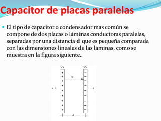 Capacitor de placas paralelas
 El tipo de capacitor o condensador mas común se
 compone de dos placas o láminas conductoras paralelas,
 separadas por una distancia d que es pequeña comparada
 con las dimensiones lineales de las láminas, como se
 muestra en la figura siguiente.
 