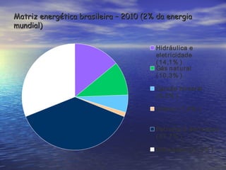Matriz energética brasileira – 2010 (2% da energia
mundial)

                                       Hidráulica e
                                       elet ricidade
                                       ( 14,1% )
                                       Gás nat ural
                                       ( 10,3% )

                                       Carvão m ineral
                                       ( 5,2% )

                                       Urânio ( 1,4% )


                                       Pet roleo e derivados
                                       ( 37,7% )

                                       Biom assa ( 31,2% )
 