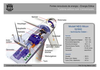 Universidade do Estado de Mato Grosso Prof. Dr.-Ing. Marlon Leão
Fontes renováveis ​​de energia – Energia Eólica
Turbina eólica com transmissão
 