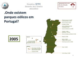 Disciplina: SETFC
            Docente: Ana Teixeira
                 2012/2013

.Onde existem
parques eólicos em
Portugal?



   2005


                                    8
 
