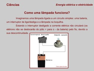 Ciências

Energia elétrica e eletricidade

Como uma lâmpada funciona?
Imaginemos uma lâmpada ligada a um circuito simples: uma bateria,
um interruptor de liga/desliga e a lâmpada na boquilha.
Estando o interruptor desligado a corrente elétrica não circulará (os
elétrons não se deslocarão do pólo + para o - da bateria) pelo fio, devido a
sua descontinuidade.

Fonte: arquivo do autor

 