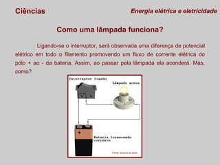 Ciências

Energia elétrica e eletricidade

Como uma lâmpada funciona?
Ligando-se o interruptor, será observada uma diferença de potencial
elétrico em todo o filamento promovendo um fluxo de corrente elétrica do
pólo + ao - da bateria. Assim, ao passar pela lâmpada ela acenderá. Mas,
como?

Fonte: arquivo do autor

 