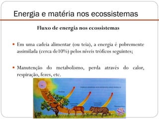 Fluxo de energia nos ecossistemas
 Em uma cadeia alimentar (ou teia), a energia é pobremente
assimilada (cerca de10%) pelos níveis tróficos seguintes;
 Manutenção do metabolismo, perda através do calor,
respiração, fezes, etc.
Energia e matéria nos ecossistemas
 