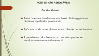 FONTES NÃO RENOVÁVEIS
Carvão Mineral
 Antes da época dos dinossauros, havia plantas gigantes e
pântanos espalhados pelo mundo
 Após sua morte essas plantas foram cobertas por sedimentos
 A pressão e o calor fizeram com que estas plantas se
transformassem em carvão mineral
 
