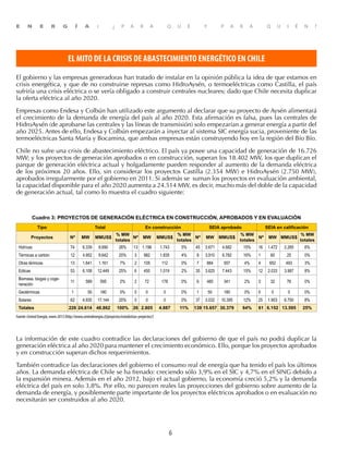 6
E N E R G Í A : ¿ P A R A Q U É Y P A R A Q U I É N ?
EL MITO DE LA CRISIS DE ABASTECIMIENTO ENERGÉTICO EN CHILE
El gobierno y las empresas generadoras han tratado de instalar en la opinión pública la idea de que estamos en
crisis energética, y que de no construirse represas como HidroAysén, o termoeléctricas como Castilla, el país
sufriría una crísis eléctrica o se vería obligado a construir centrales nucleares; dado que Chile necesita duplicar
la oferta eléctrica al año 2020.
Empresas como Endesa y Colbún han utilizado este argumento al declarar que su proyecto de Aysén alimentará
el crecimiento de la demanda de energía del país al año 2020. Esta afirmación es falsa, pues las centrales de
HidroAysén (de aprobarse las centrales y las líneas de transmisión) solo empezarían a generar energía a partir del
año 2025. Antes de ello, Endesa y Colbún empezarán a inyectar al sistema SIC energía sucia, proveniente de las
termoeléctricas Santa María y Bocamina, que ambas empresas están construyendo hoy en la región del Bío Bío.
Chile no sufre una crisis de abastecimiento eléctrico. El país ya posee una capacidad de generación de 16.726
MW; y los proyectos de generación aprobados o en construcción, superan los 18.402 MW, los que duplican el
parque de generación eléctrica actual y holgadamente pueden responder al aumento de la demanda eléctrica
de los próximos 20 años. Ello, sin considerar los proyectos Castilla (2.354 MW) e HidroAysén (2.750 MW),
aprobados irregularmente por el gobierno en 2011. Si además se suman los proyectos en evaluación ambiental,
la capacidad disponible para el año 2020 aumenta a 24.514 MW, es decir, mucho más del doble de la capacidad
de generación actual, tal como lo muestra el cuadro siguiente:
Cuadro 3: PROYECTOS DE GENERACIÓN ELÉCTRICA EN CONSTRUCCIÓN, APROBADOS Y EN EVALUACIÓN
Tipo Total En construcción SEIA aprobado SEIA en calificación
Proyectos Nº MW MMUS$
% MW
totales
Nº MW MMUS$
% MW
totales
Nº MW MMUS$
% MW
totales
Nº MW MMUS$
% MW
totales
Hidrícas 74 6.339 8.690 26% 13 1.196 1.743 5% 45 3.671 4.682 15% 16 1.472 2.265 6%
Térmicas a carbón 12 4.952 8.642 20% 3 982 1.835 4% 8 3.910 6.782 16% 1 60 25 0%
Otras térmicas 13 1.641 1.161 7% 2 105 112 0% 7 884 557 4% 4 652 493 3%
Eólicas 53 6.108 12.449 25% 6 450 1.019 2% 35 3.625 7.443 15% 12 2.033 3.987 8%
Biomasa, biogas y coge-
neración
11 589 595 2% 2 72 178 0% 6 485 341 2% 3 32 76 0%
Geotérmicas 1 50 180 0% 0 0 0 0% 1 50 180 0% 0 0 0 0%
Solares 62 4.935 17.144 20% 0 0 0 0% 37 3.032 10.395 12% 25 1.903 6.750 8%
Totales 226 24.614 48.862 100% 26 2.805 4.887 11% 139 15.657 30.379 64% 61 6.152 13.595 25%
Fuente:CentralEnergía,enero2013(http://www.centralenergia.cl/proyectos/estadisticas-proyectos/)
La información de este cuadro contradice las declaraciones del gobierno de que el país no podrá duplicar la
generación eléctrica al año 2020 para mantener el crecimiento económico. Ello, porque los proyectos aprobados
y en construcción superan dichos requerimientos.
También contradice las declaraciones del gobierno el consumo real de energía que ha tenido el país los últimos
años. La demanda eléctrica de Chile se ha frenado: creciendo sólo 3,9% en el SIC y 4,7% en el SING debido a
la expansión minera. Además en el año 2012, bajo el actual gobierno, la economía creció 5,2% y la demanda
eléctrica del país en solo 3,8%. Por ello, no parecen reales las proyecciones del gobierno sobre aumento de la
demanda de energía, y posiblemente parte importante de los proyectos eléctricos aprobados o en evaluación no
necesitarán ser construidos al año 2020.
 