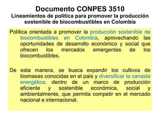 Documento CONPES 3510 Lineamientos de política para promover la producción sostenible de biocombustibles en Colombia Política orientada a promover la  producción sostenible de biocombustibles en Colombia , aprovechando las oportunidades de desarrollo económico y social que ofrecen los mercados emergentes de los biocombustibles. De esta manera, se busca expandir los cultivos de biomasas conocidas en el país y  diversificar la canasta energética,  dentro de un marco de producción eficiente y sostenible económica, social y ambientalmente, que permita competir en el mercado nacional e internacional.  