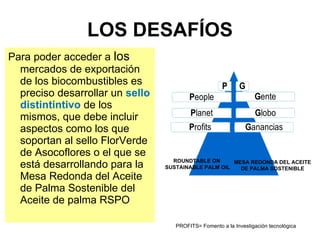 LOS DESAFÍOS Para poder acceder a  los  mercados de exportación de los biocombustibles es preciso desarrollar un  sello distintintivo  de los mismos, que debe incluir aspectos como los que soportan al sello FlorVerde de Asocoflores o el que se está desarrollando para la Mesa Redonda del Aceite de Palma Sostenible del Aceite de palma RSPO ROUNDTABLE ON  SUSTAINABLE PALM OIL MESA REDONDA DEL ACEITE DE PALMA SOSTENIBLE PROFITS= Fomento a la Investigación tecnológica 