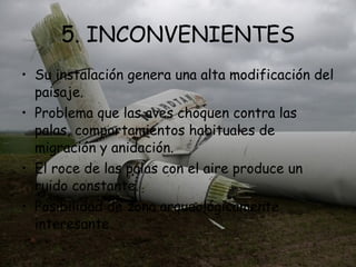 5. INCONVENIENTES Su instalación genera una alta modificación del paisaje. Problema que las aves choquen contra las palas, comportamientos habituales de migración y anidación. El roce de las palas con el aire produce un ruido constante. Posibilidad de zona arqueológicamente interesante.  