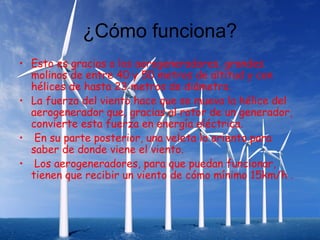 ¿Cómo funciona?
• Esto es gracias a los aerogeneradores, grandes
  molinos de entre 40 y 50 metros de altitud y con
  hélices de hasta 23 metros de diámetro.
• La fuerza del viento hace que se mueva la hélice del
  aerogenerador que, gracias al rotor de un generador,
  convierte esta fuerza en energía eléctrica.
• En su parte posterior, una veleta lo orienta para
  saber de donde viene el viento.
• Los aerogeneradores, para que puedan funcionar,
  tienen que recibir un viento de cómo mínimo 15km/h .
 