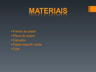 Folhas de papel Placa de isopor Canudos Papel crepom verde Cola 