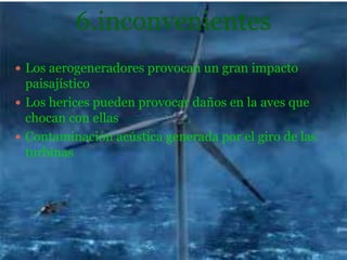 6.inconvenientes
 Los aerogeneradores provocan un gran impacto
  paisajístico
 Los herices pueden provocar daños en la aves que
  chocan con ellas
 Contaminación acústica generada por el giro de las
  turbinas
 