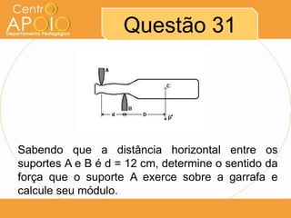 Questão 31

Sabendo que a distância horizontal entre os
suportes A e B é d = 12 cm, determine o sentido da
força que o suporte A exerce sobre a garrafa e
calcule seu módulo.

 
