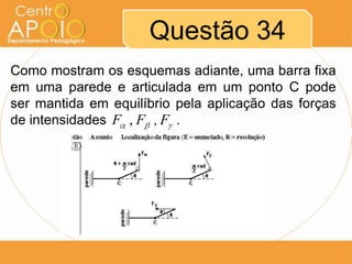 Questão 34
Como mostram os esquemas adiante, uma barra fixa
em uma parede e articulada em um ponto C pode
ser mantida em equilíbrio pela aplicação das forças
F , F ,F
de intensidades AAAAAAA .

 