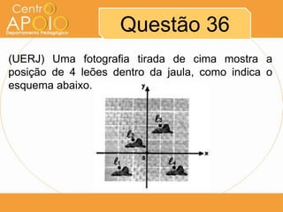 Questão 36
(UERJ) Uma fotografia tirada de cima mostra a
posição de 4 leões dentro da jaula, como indica o
esquema abaixo.

 