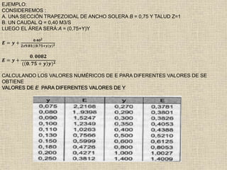 EJEMPLO:
CONSIDEREMOS :
A. UNA SECCIÓN TRAPEZOIDAL DE ANCHO SOLERA B = 0,75 Y TALUD Z=1
B. UN CAUDAL Q = 0,40 M3/S
LUEGO EL ÁREA SERÁ:A = (0,75+Y)Y
𝑬 = 𝒚 +
𝟎.𝟒𝟎 𝟐
𝟐𝒙𝟗.𝟖𝟏( 𝟎.𝟕𝟓+𝒚 𝒚) 𝟐
𝑬 = 𝒚 +
𝟎. 𝟎𝟎𝟖𝟐
( 𝟎. 𝟕𝟓 + 𝒚 𝒚) 𝟐
CALCULANDO LOS VALORES NUMÉRICOS DE E PARA DIFERENTES VALORES DE SE
OBTIENE
VALORES DE E PARA DIFERENTES VALORES DE Y
 