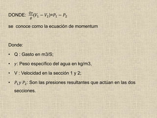 DONDE:
𝑄𝛾
𝑔
(𝑉1 − 𝑉2)=𝑃1 − 𝑃2
se conoce como la ecuación de momentum
Donde:
• Q : Gasto en m3/S;
• 𝛾: Peso específico del agua en kg/m3,
• V : Velocidad en la sección 1 y 2;
• 𝑃1 𝑦 𝑃2: Son las presiones resultantes que actúan en las dos
secciones.
 