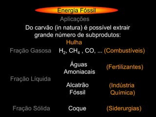 Energia Fóssil
                  Aplicações
     Do carvão (in natura) é possível extrair
        grande número de subprodutos:
                    Hulha
Fração Gasosa H2, CH4 , CO, ... (Combustíveis)

                   Águas        (Fertilizantes)
                  Amoniacais
Fração Líquida
                   Alcatrão      (Indústria
                    Fóssil        Química)

Fração Sólida      Coque        (Siderurgias)
 