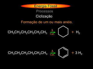 Energia Fóssil
              Processos
              Ciclização
      Formação de um ou mais anéis.

CH3CH2CH2CH2CH2CH3    Cat.
                                  + H2




CH3CH2CH2CH2CH2CH3    Cat.
                                  + 3 H2
 