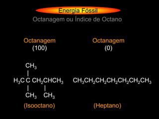 Energia Fóssil
     Octanagem ou Índice de Octano


  Octanagem             Octanagem
    (100)                   (0)

    CH3
    |
H3C C CH2CHCH3    CH3CH2CH2CH2CH2CH2CH3
    |    |
    CH3 CH3
  (Isooctano)           (Heptano)
 