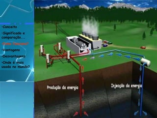 Onde é mais usada no mundo?A energia geotérmica existe desde que o nosso planeta foi criado. Geo significa terra e térmica significa calorConceito