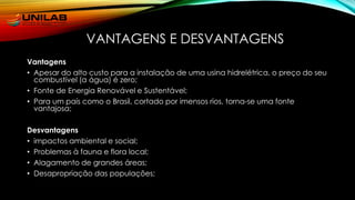 VANTAGENS E DESVANTAGENS
Vantagens
• Apesar do alto custo para a instalação de uma usina hidrelétrica, o preço do seu
combustível (a água) é zero;
• Fonte de Energia Renovável e Sustentável;
• Para um país como o Brasil, cortado por imensos rios, torna-se uma fonte
vantajosa;
Desvantagens
• impactos ambiental e social;
• Problemas à fauna e flora local;
• Alagamento de grandes áreas;
• Desapropriação das populações;
 