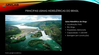 Usina Hidrelétrica de Xingu
• Localização: Pará
• Rio: Xingu
• Proprietário: Eletronorte
• Capacidade: 11.233 MW
• Barragem (em construção)
PRINCIPAIS USINAS HIDRELÉTRICAS DO BRASIL
Fonte: google acadêmico
 