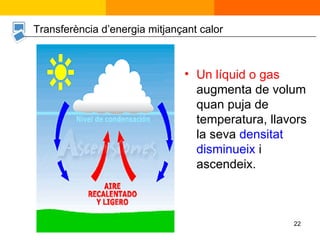 Un líquid o gas  augmenta de volum quan puja de temperatura, llavors la seva  densitat disminueix  i ascendeix.  Transferència d’energia mitjançant calor 