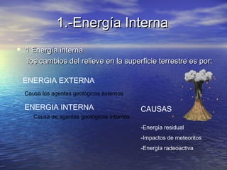 1.-Energía Interna1.-Energía Interna
 1 Energía interna1 Energía interna
los cambios del relieve en la superficie terrestre es por:los cambios del relieve en la superficie terrestre es por:
ENERGIA INTERNA
ENERGIA EXTERNA
Causa los agentes geológicos externos
Causa de agentes geológicos internos
CAUSAS
-Energía residual
-Impactos de meteoritos
-Energía radeoactiva
 