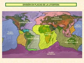 PLACA SURAMERICANA PLACA NORTEAMERICANA PLACA EUROASIÁTICA PLACA AFRICANA PLACA ANTÁRTICA PLACA INDOAUSTRALIANA DIVISIÓN EN PLACAS DE LA LITOSFERA PLACA PACÍFICA PLACA PACÍFICA 