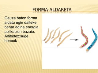 FORMA-ALDAKETA
Gauza baten forma
aldatu egin daiteke
behar adina energia
aplikatzen bazaio.
Adibidez:suge
honeek
 
