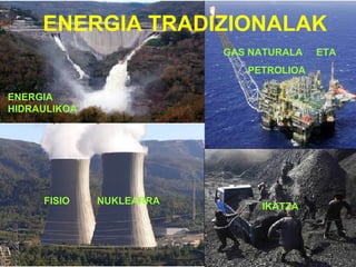 ENERGIA TRADIZIONALAK
                          GAS NATURALA   ETA
                             PETROLIOA

ENERGIA
HIDRAULIKOA




     FISIO    NUKLEARRA
                               IKATZA
 