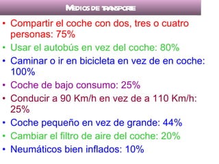 Medios de transporte Compartir el coche con dos, tres o cuatro personas: 75%  Usar el autobús en vez del coche: 80%  Caminar o ir en bicicleta en vez de en coche: 100%   Coche de bajo consumo: 25%   Conducir a 90 Km/h en vez de a 110 Km/h: 25%  Coche pequeño en vez de grande: 44% Cambiar el filtro de aire del coche: 20%   Neumáticos bien inflados: 10%  